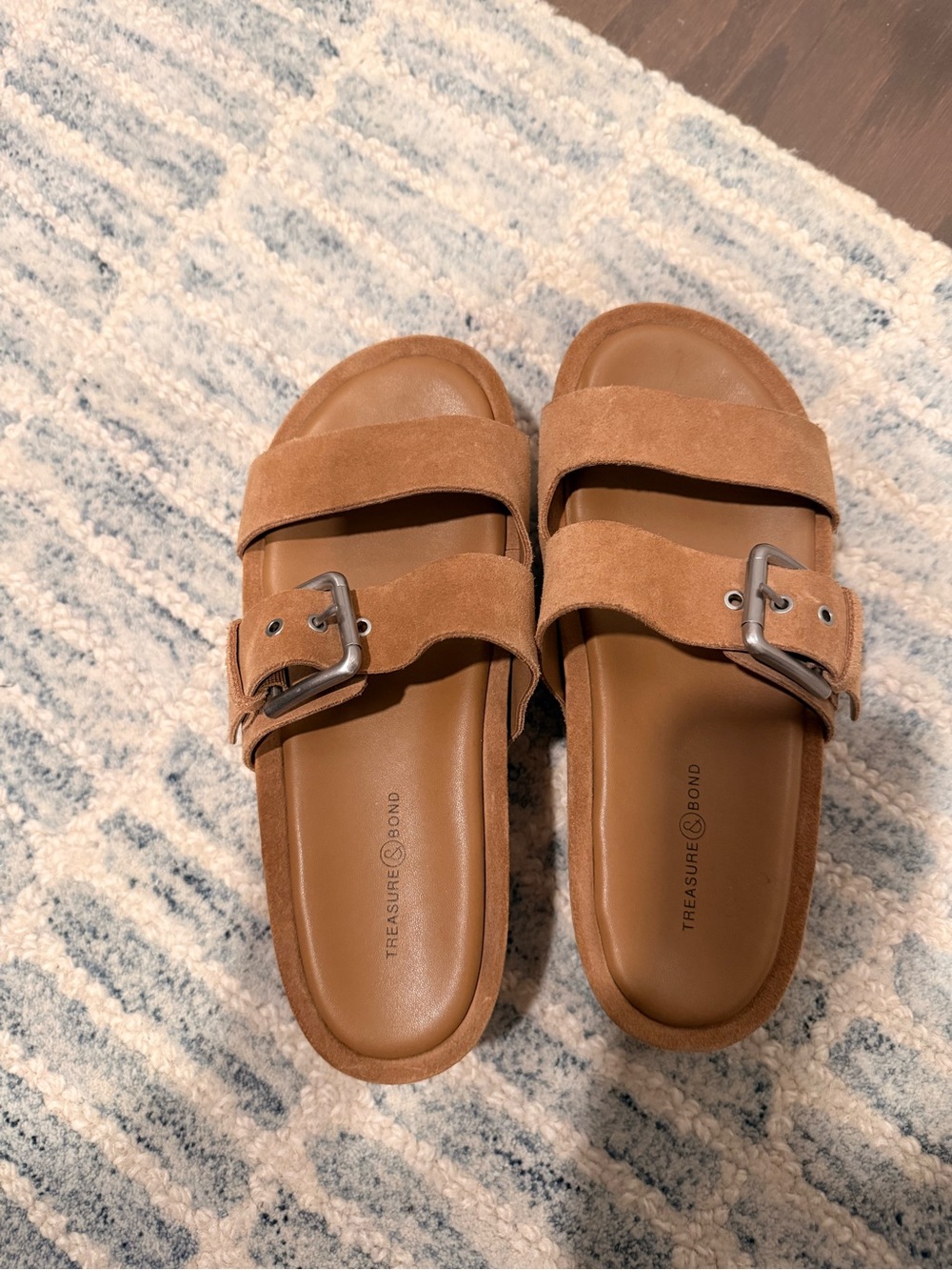 Treasure & Bond Cognac Suede Double-Strap Buckle Slides